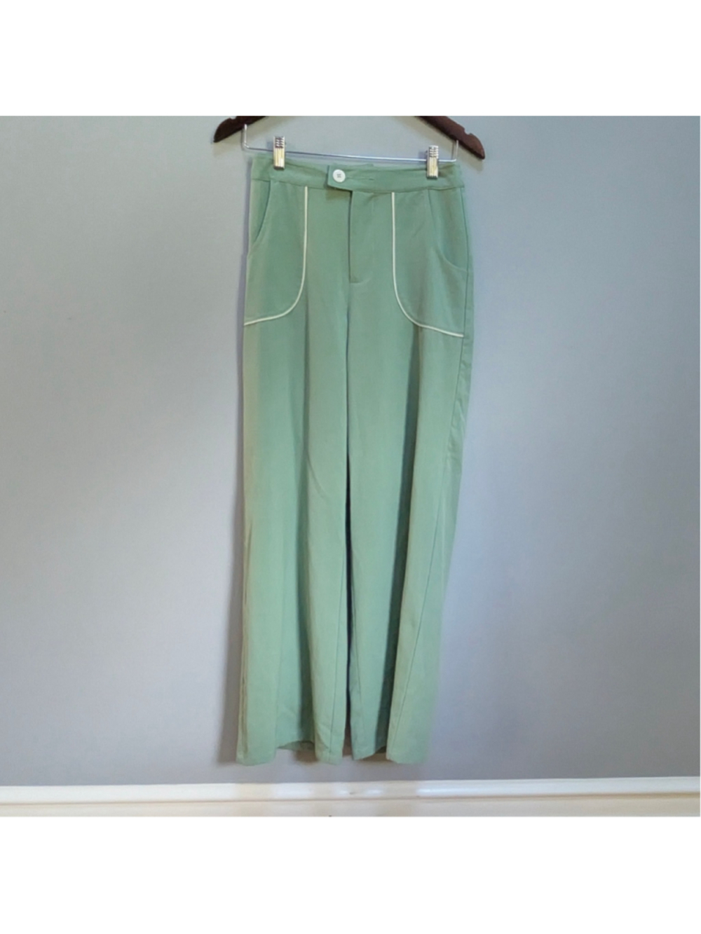 ModCloth Mint Green White Contrast Piping Retro Stretch Wide Leg Trousers - 2 - Picture 2 of 12